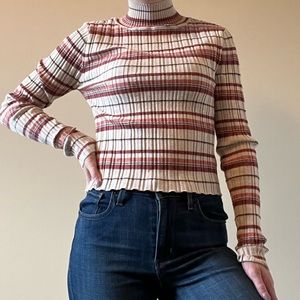 Pink Republic multi colored lettuce edge mock neck striped sweater: size small